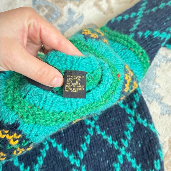 VTG 90’s Liz Sport chunky wool Sweater Green Cropped Checkered Balloon Sleeve S - Picture 11 of 11